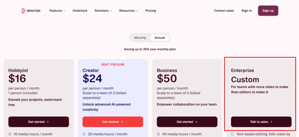 Descript Custom plan