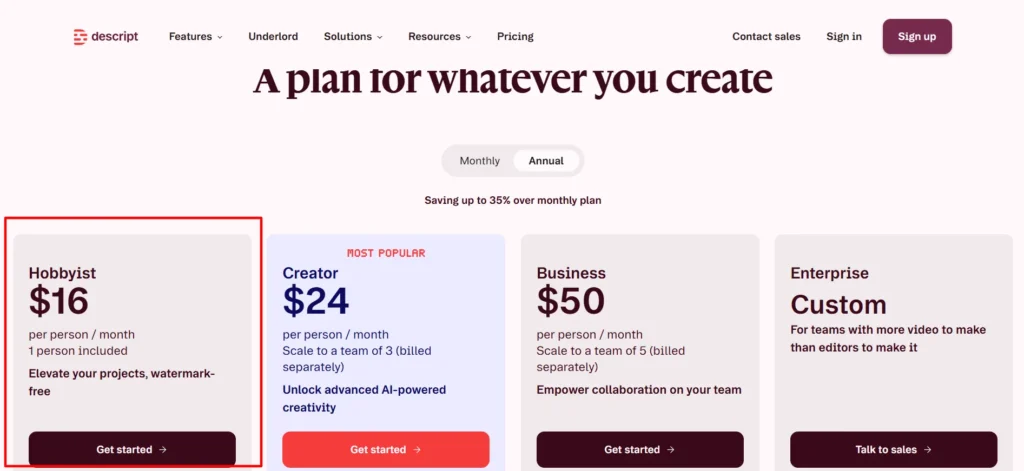Descript Hobbyist plan